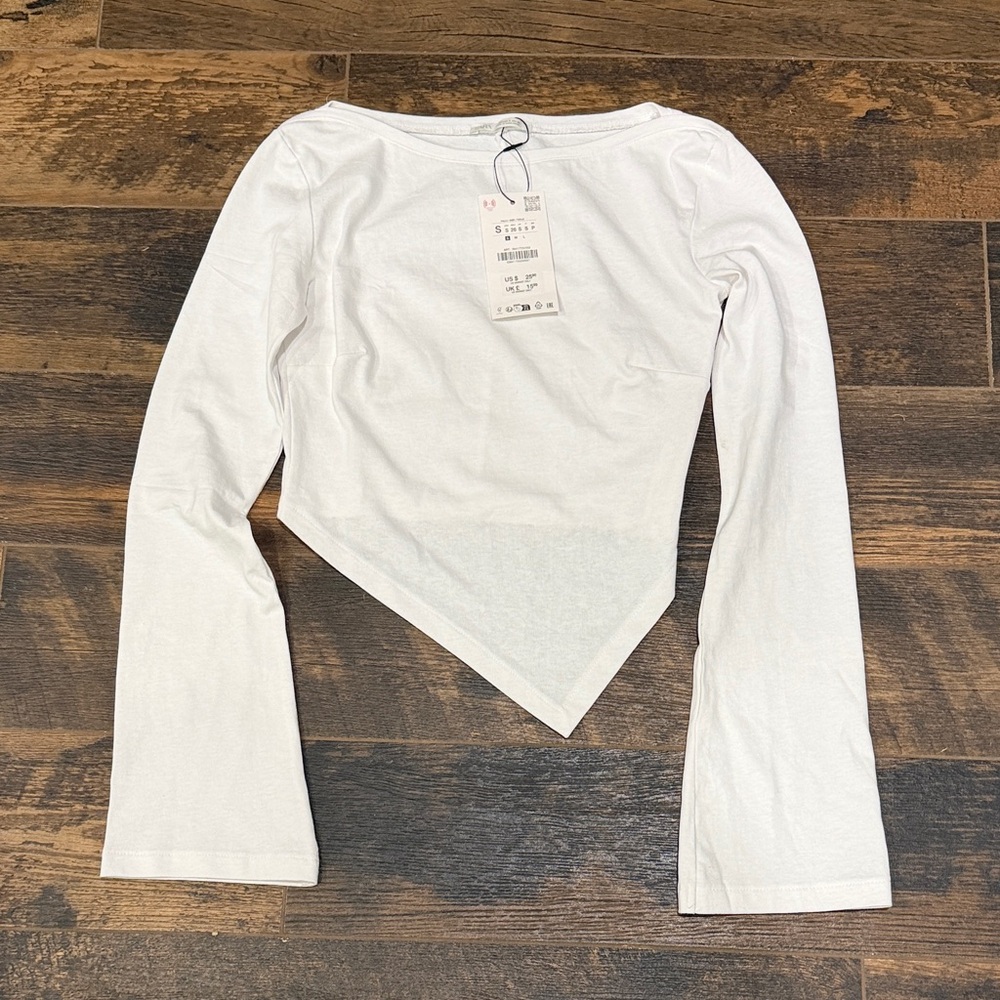 Zara White Asymmetrical Long Sleeve Top
